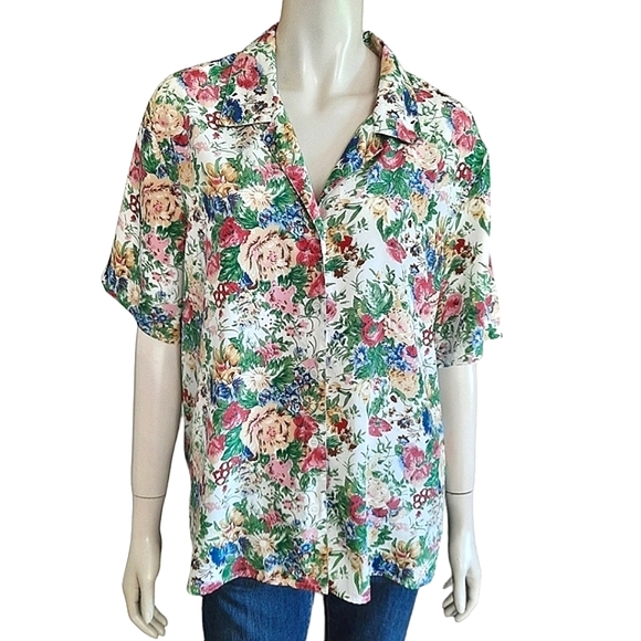 VINTAGE 80s Floral Blouse size XL Button Front Short Sleeve Grannycore - Picture 2 of 9